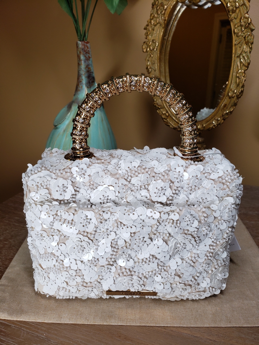 Kurt Geiger White Sequin Beaded Floral Top-Handle Satchel w/ Crossbody NWT! - Picture 8 of 17